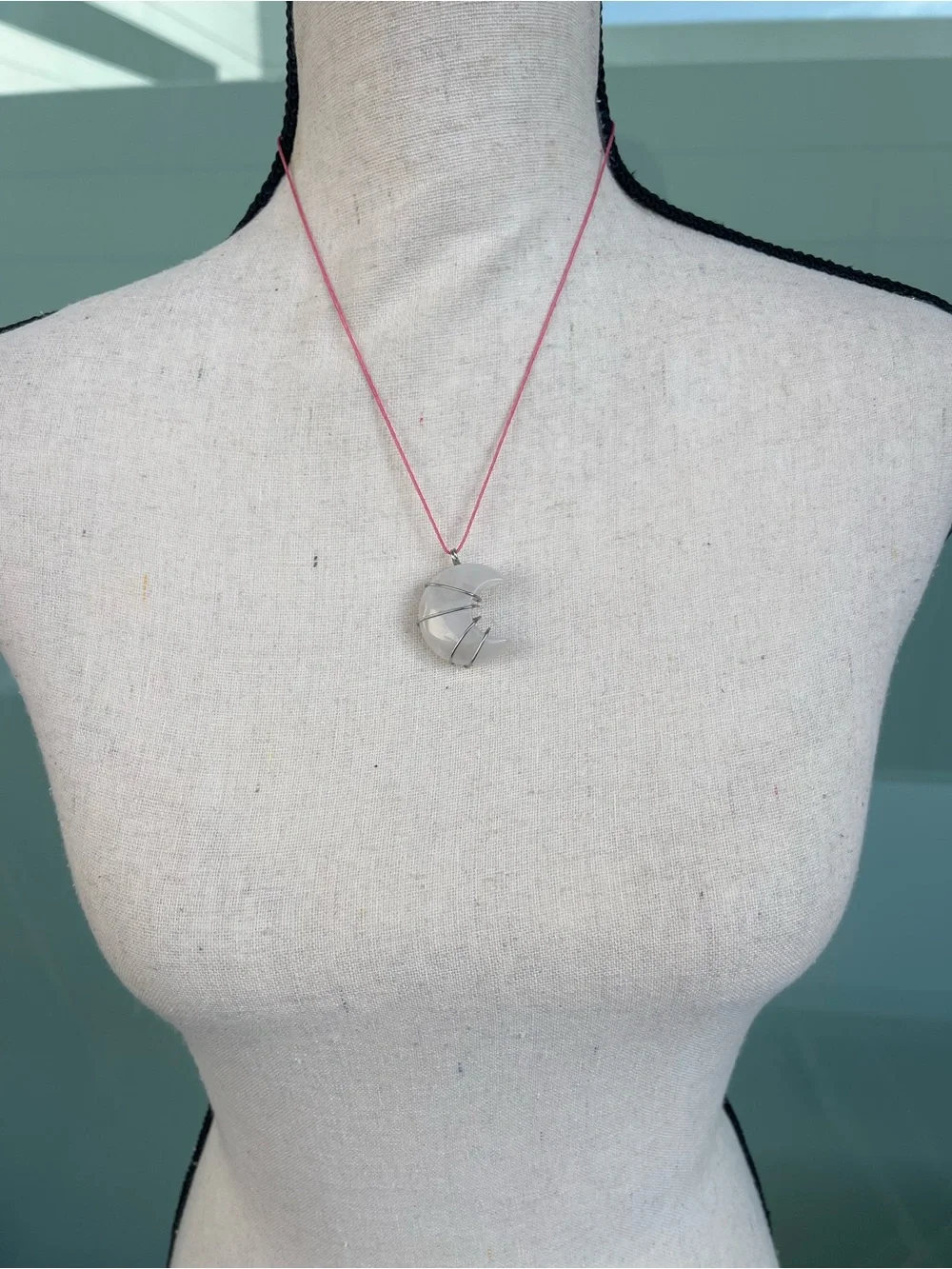 Clear Quartz Moon Necklace on Pink Nylon Cord Stainless Steel Wire Wrap